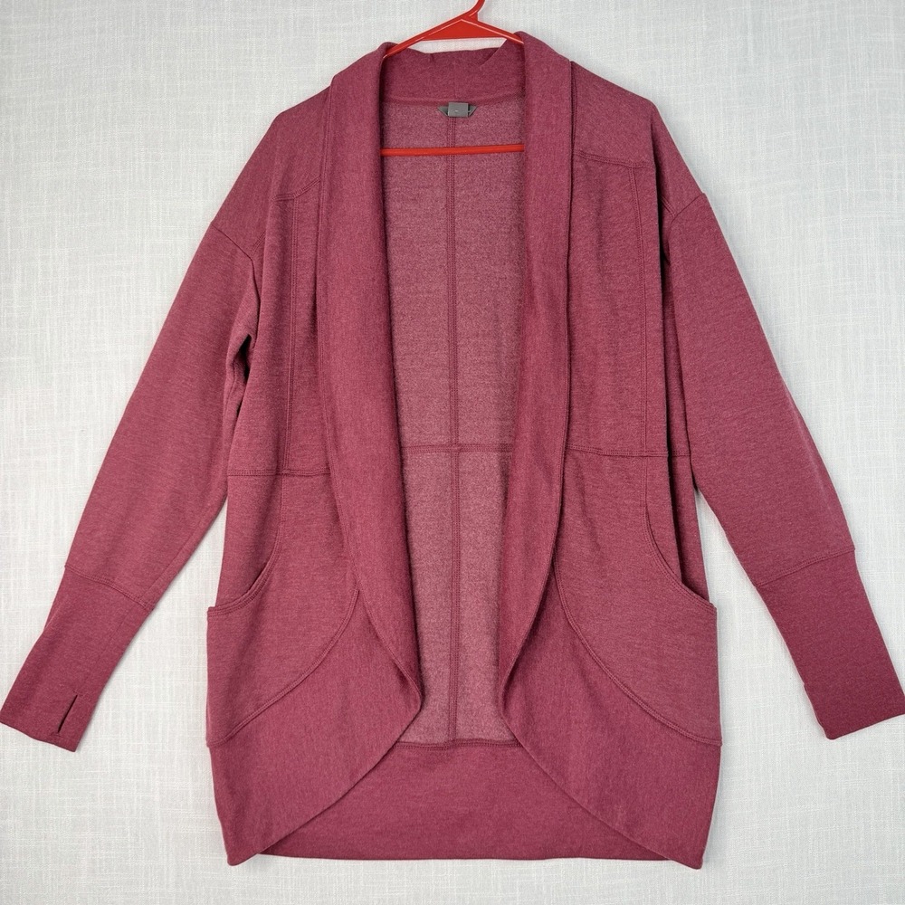 Eddie Bauer Camp Fleece Wrap Cardigan Burgundy Maroon Shawl Collar Pockets Small